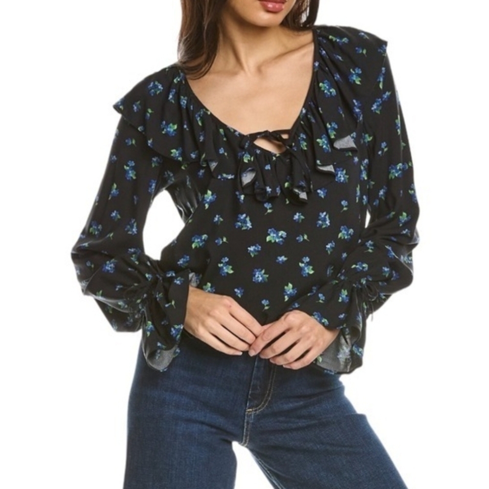 WeWoreWhat Ruffle Blouse Top Size‎ Small Black Floral Watercolor Poets Sleeves
